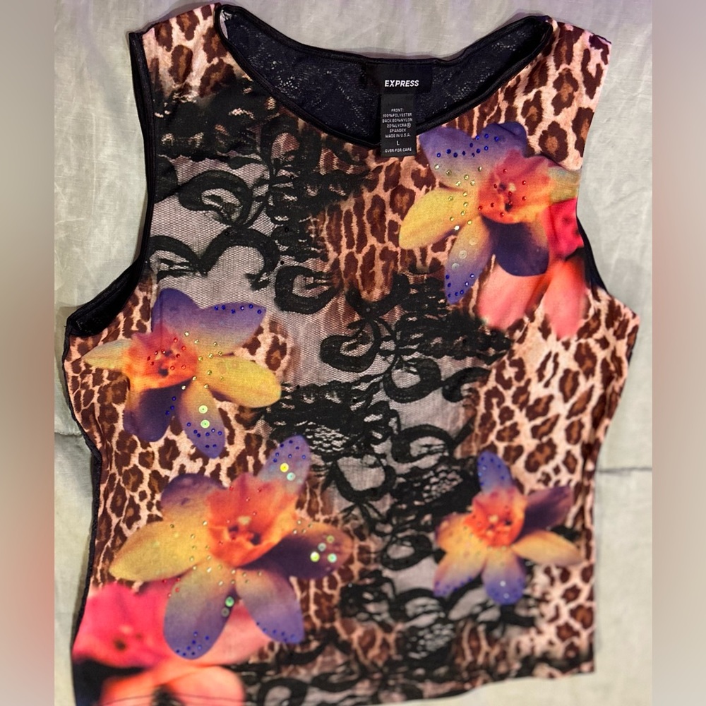 Large Express peach orchid animal print and lace sleeveless top